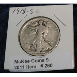 260. 1918 S Walking Liberty Half Dollar. G-4.