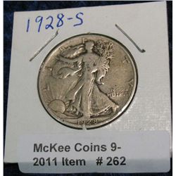 262. 1928 S Walking Liberty Half Dollar. F-12.