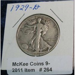 264. 1929 D Walking Liberty Half Dollar. F-12.