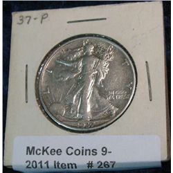 267. 1937 P Walking Liberty Half Dollar. F-12. Cleaned.