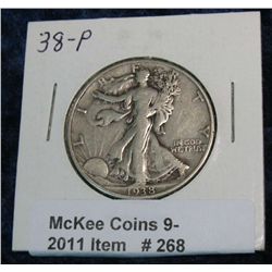 268. 1938 P Walking Liberty Half Dollar. F-12.