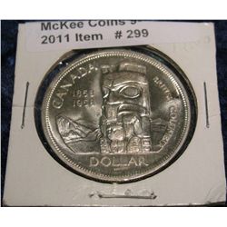 299. 1858-1958 Canada "Totem Pole" Silver Dollar. BU.