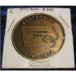 342. 1878-1978 Conesville, Iowa Centennial Medal. Brass. 39mm. BU.