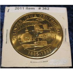 362. 1885-1985 Cylinder, Iowa Centennial Medal. Brass. 39mm. BU.
