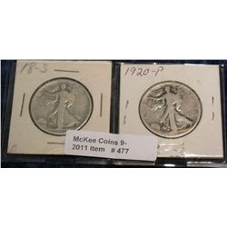 477. 1918 S & 20 P Walking Liberty Half Dollars. G-4.