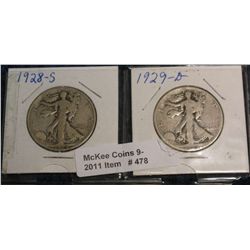 478. 1928 S & 29 D Walking Liberty Half Dollars. G-4.