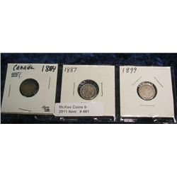 481. 1884, 87, & 99 Canada Five Cent Silvers. Grades up to EF.