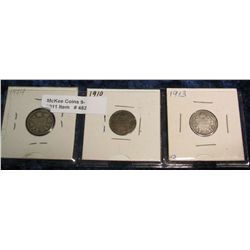 482. 1904, 10, & 13 Canada Silver Dimes. G-VG.