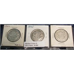 484. 1944, 45, & 50 Canada Silver Half Dollars. F-VF.