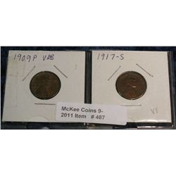 487. 1909 P VDB & 17 S Lincoln Cents. VF-EF.