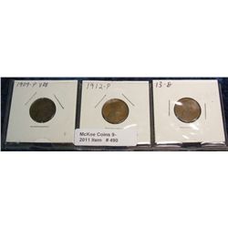 490. 1909 P VDB, 12P, & 13D Lincoln Cents. (3 pcs.) G-F.