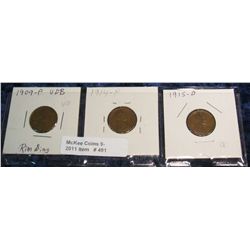 491. 1909 P VDB, 14P, & 15D Lincoln Cents. (3 pcs.) G-4.