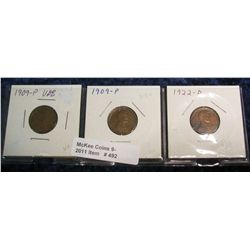 492. 1909 P, 09P VDB, & 22D Lincoln Cents. (3 pcs.) VG-F.