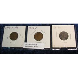 493. 1909P VDB, 16D, & 24D Lincoln Cents. (3 pcs.) G-F.