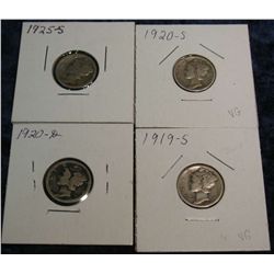 497. 1919S, 20D, S, & 25S Mercury Dimes. G-4.