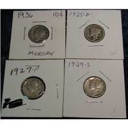 498. 1925D, 27P, 29S, & 36P Mercury Dimes. G-VF..