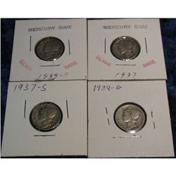 499. 1937P, S, 38D, & 39P Mercury Dimes. VG-F.