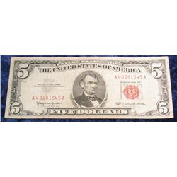 504. Series 1963 $5 U.S. Note. "Red Seal". Fine.
