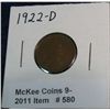 Image 1 : 580. 1922 D Lincoln Cent. G-4. Small obverse scratch.