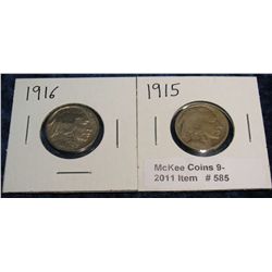 585. 1915 P & 16 P Buffalo Nickels. Circ.