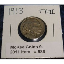 586. 1913 P Type 2 Buffalo Nickel. F-12.