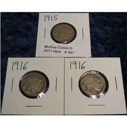 587. 1915 P & (2) 16 P Buffalo Nickels. All acid restored.