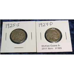 593. 1924 D  & 25 S Buffalo Nickels. G-4.