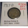 Image 1 : 602. 1917 D Buffalo Nickel. Semi-Key Date. Circulated.