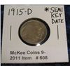 Image 1 : 608. 1915 D Buffalo Nickel. Acid date. Semi-Keydate.