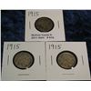 Image 1 : 618. (3) 1915 P Buffalo Nickels. Circulated.