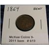 Image 1 : 619. 1864 Civil War Indian Head Cent. Slightly bent.