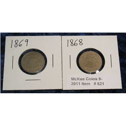 621. 1868 & 1869 Shield Nickels. Circulated.