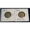 Image 1 : 621. 1868 & 1869 Shield Nickels. Circulated.