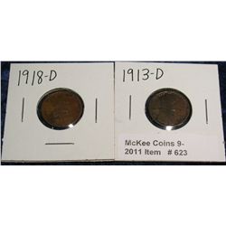 623. 1913 D & 18 D Lincoln Cents. G-4.