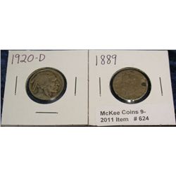 624. 1889 Liberty Nickel & 20 D Buffalo Nickels. Circ.