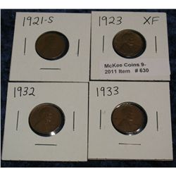 630. 1921S Scratched, 23P EF, 32P F, & 33P F Cents.