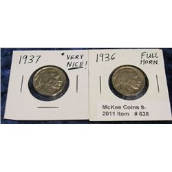 638. 1936 P & 37 P Buffalo Nickels. Full Horn.