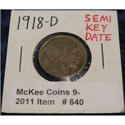 640. 1918 D Buffalo Nickel. Semi-Key date. G-4.