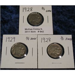 642. (2) 1928 P & 29 P Buffalo Nickels. All three with 3/4 horn.