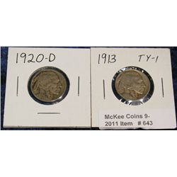 643. 1913 P Type One VG & 20 D G-4 Buffalo Nickels.