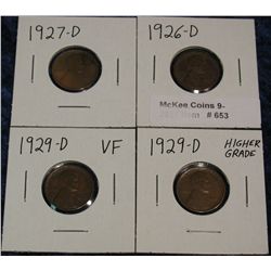 653. 1926 D, 27 D, & (2) 29 D Lincoln Cents. Grades up to VF.