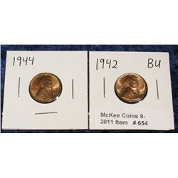 654. 1942P & 44P Lincoln Cents. Brilliant Unc.