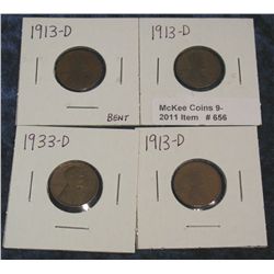 656. (3) 1913 D & 1933 D Lincoln Cents. Circulated.
