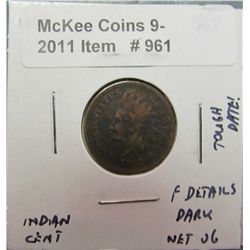 961. 1868 U.S. Indian Head Cent. F Details Dark Net VG.