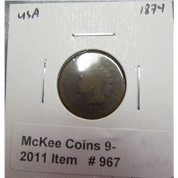 967. 1874 U.S. Indian Head Cent. AG-3.