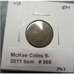 968. 1874 U.S. Indian Head Cent. AG-3.