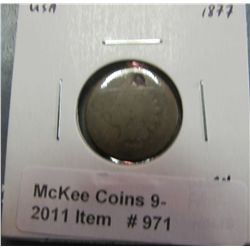 971. 1877 U.S. Indian Head Cent. Worn. Fair. Holed..