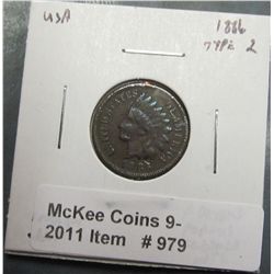 979. 1886 Type 2 U.S. Indian Head Cent. F details, porous, cleaned, Net G-4.