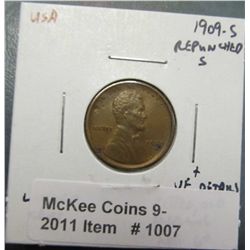 1007. 1909 S Weird S Lincoln Cent. Sold as is.