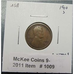 1009. 1910 S Lincoln Cent. F details skuzzy Net VG.